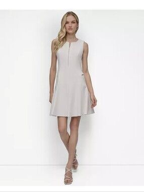 NWT DKNY Ivory Sleeveless Fit & Flare Zip Pocket Dress Size 2 Designer Midi $149